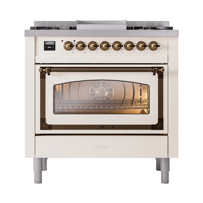 ILVE Nostalgie II Noblesse 36 in Dual Fuel Range, Liquid Propane, Antique White/Bronze