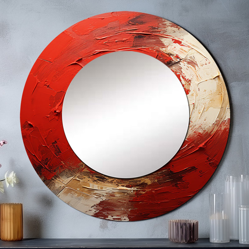 «Red and Gold Whimsical Whirlical Spiral I», miroir mural décoratif à spirales abstraites, miroir rond rouge, 36 po x 36 po