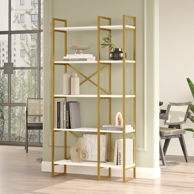 Roshaad Modern White & Gold Bookshelf, 100% Melamine Coated Particle Board, 34.4 x 68.9 x 11.8 inches | Sturdy Metal Frame, Multiple Shelves | Perfect for Home Office, Living Room & Study Spaces, Stylish & Functional Design