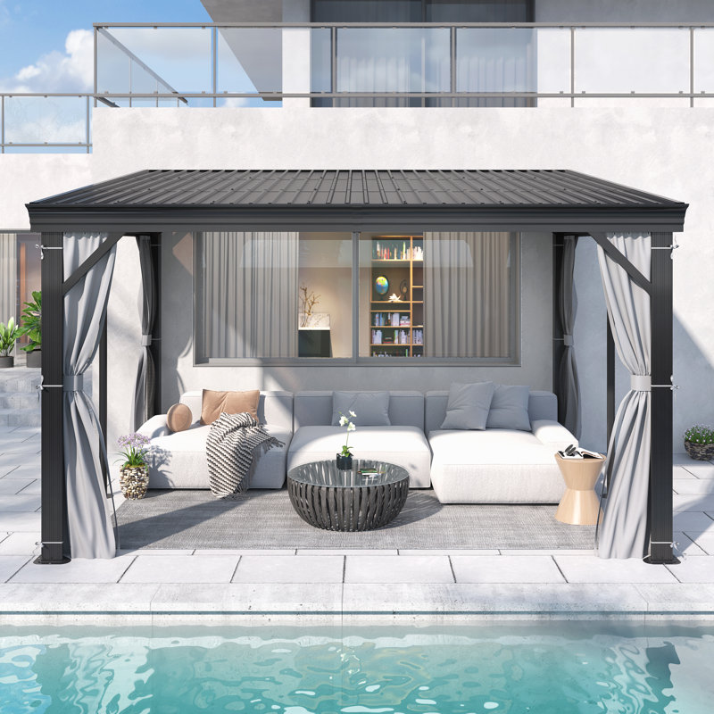 10 ft. W x 12 ft. D Wall-mounted Galvanized Steel Hardtop Gazebo, Heavy-duty Aluminum Frame Patio Gazebo with Netting & Curtains