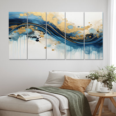 «Golden Oceanic Wave Harmony IV», reproduction d'art abstrait - 5 panneaux égaux