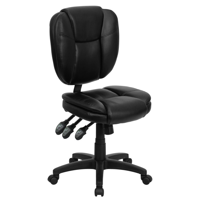 Mid-Back Multifunction Ergonomic Task Office Chair with Pillow Top Cushioning, Black Leather, Armless