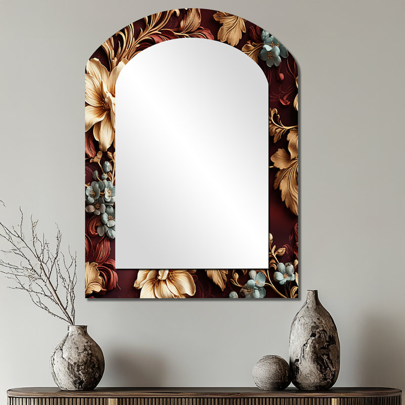 Motif victorien rustique de brocart rustique - miroir mural asymétrique floral, miroir décoratif arqué brun, impression d'art en métal