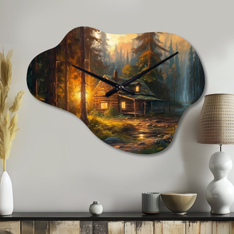 «Forest Escape Cabin I», horloge murale paysage asymétrique, Petit