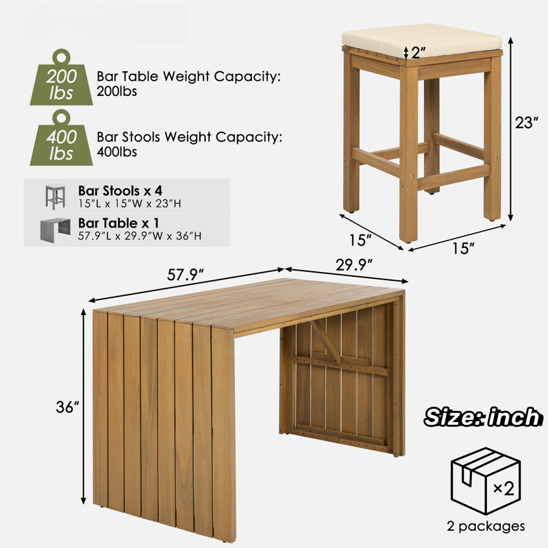 5 Pieces Outdoor Bar Set Included 1 Height Table & Four Stools With Cushions