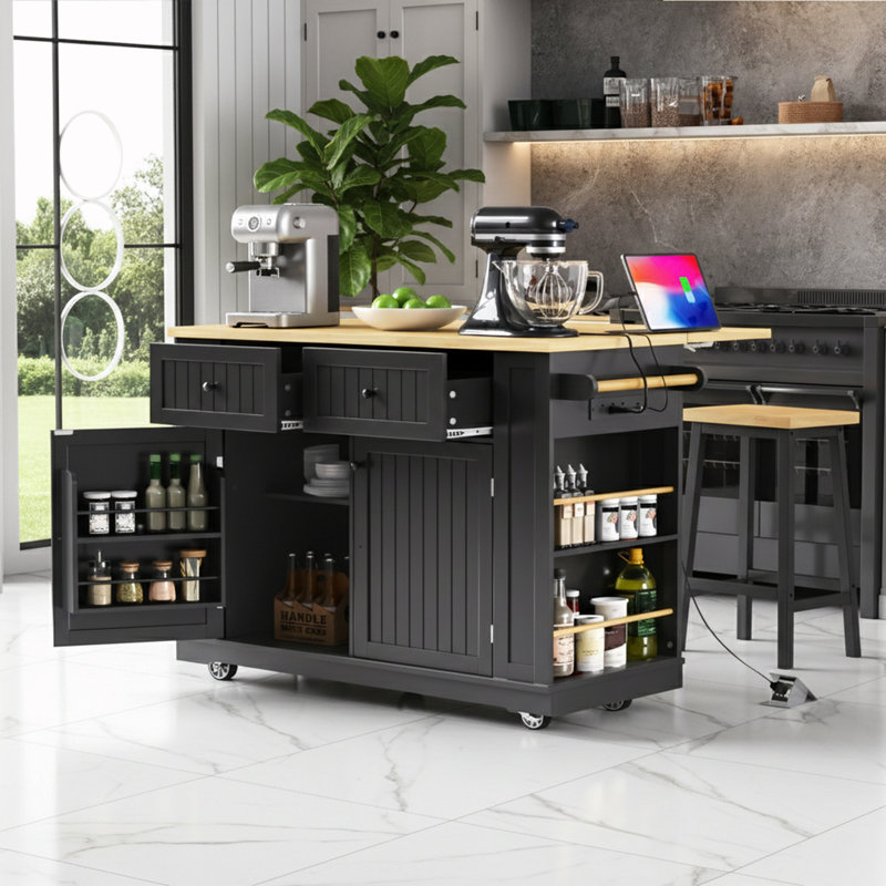 Door Internal Storage Rack Kitchen Island With Bar Stools And Power Outlet, Black