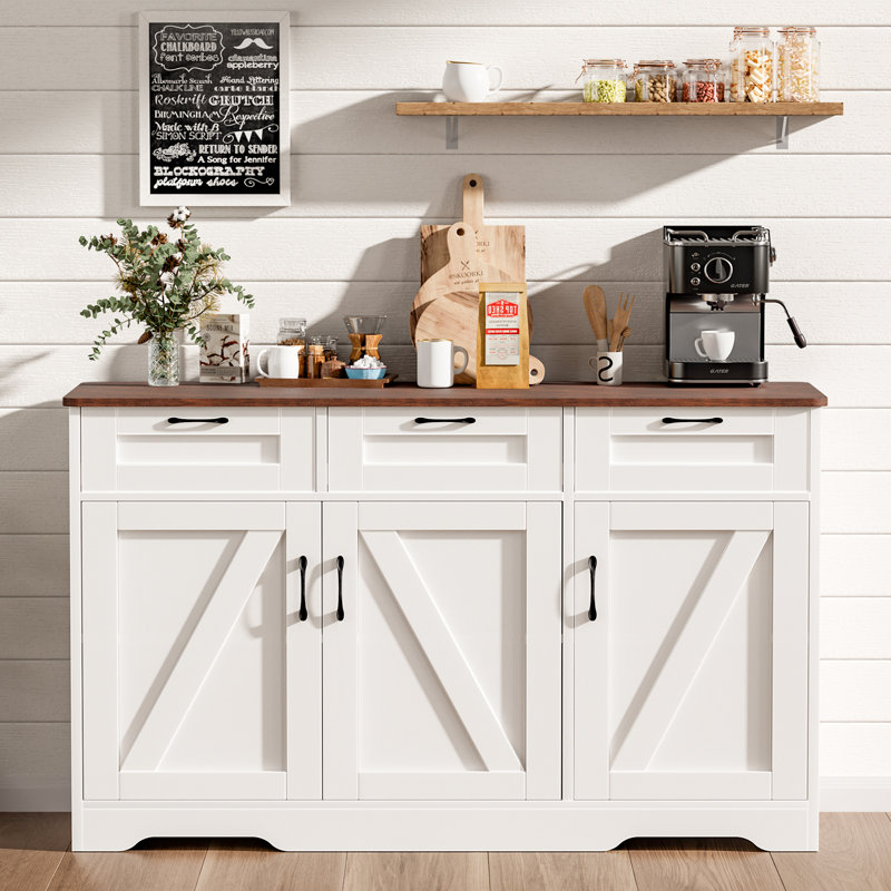 Buffet 42 "avec rangement Farmhouse, station de café avec 3 tiroirs et tablettes réglables, blanc, Blanc