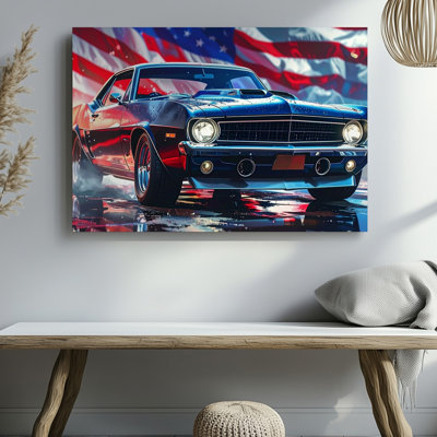 Canvas Patriotic Muscle Car Stylized Camaro With American Flag Backdrop Wall Art Ready To Hang Gallery Wrapped Home Decor Modern Design