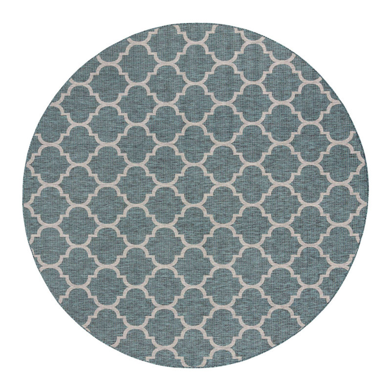 Tapis intérieur / extérieur à motif géométrique Hampstead , Bleu, Rond 12 pi