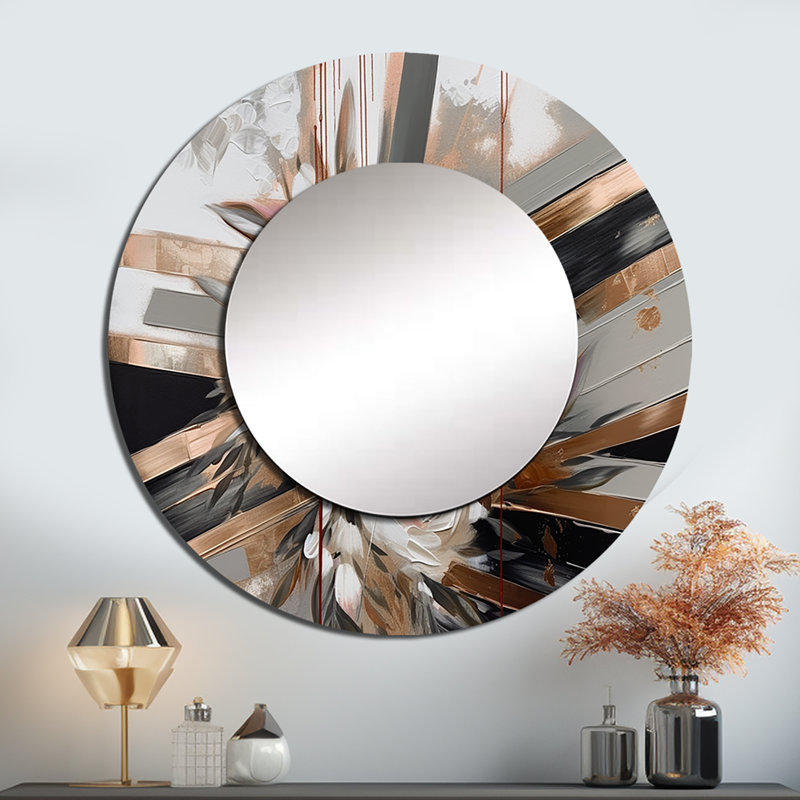 Orinate Rose Gold Linear Floral Elegance III - Floral Wall Mirror, White Round Decorative Mirror, Printed Metal Art