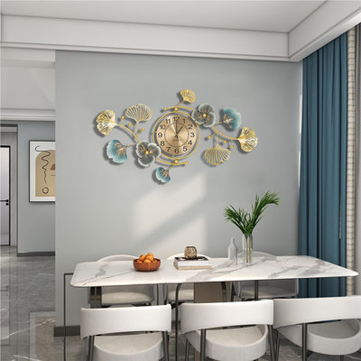 Horloge murale réglable en forme de feuille de ginkgo doré, 33 pouces, décoration silencieuse pour la maison