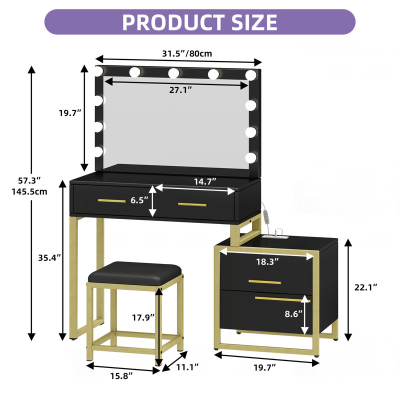 Meuble-lavabo avec douille intégrée avec miroir éclairé et support pour sèche-cheveux, Black