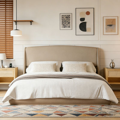Linen Fabric Upholstered   Low Profile Platform Bed with Wingback Headboard with Padded Headboard, No Box Spring Needed, Easy Assembly