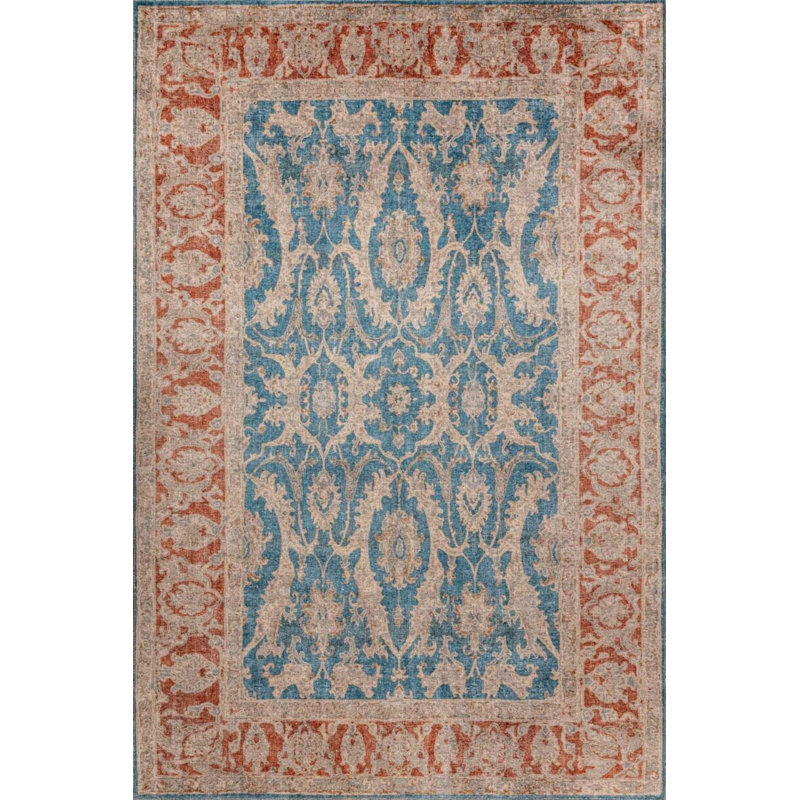 Tapis décoratif bleu marocain en polyester tissé à la machine, Rectangle 5 pi 3 po x 7 pi 7 po
