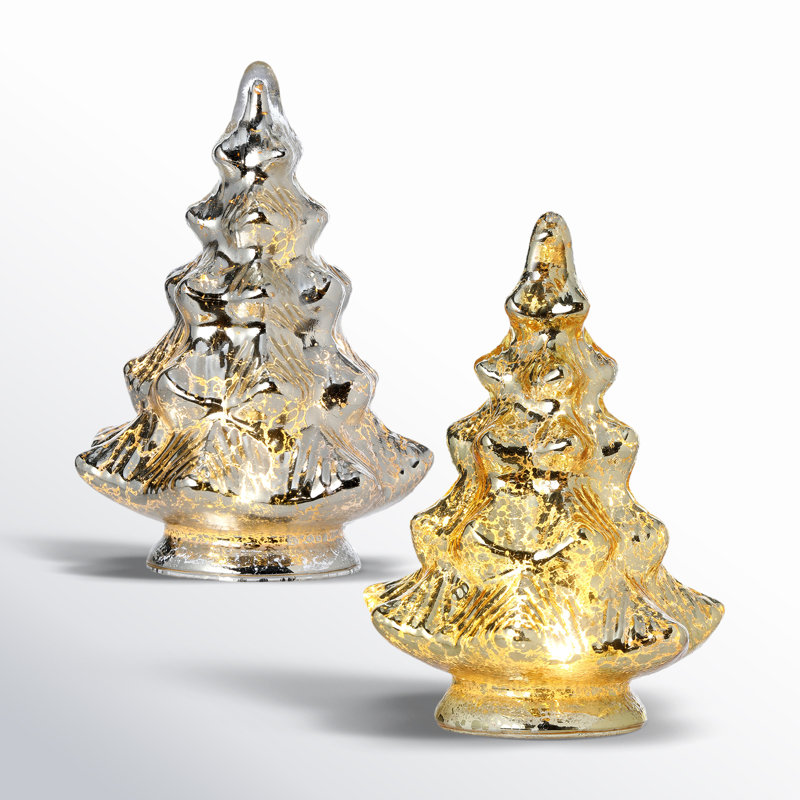 5" LED Glass Tree Set of 2, Gold Silver
