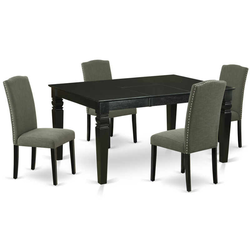 L'ensemble de table de cuisine 5 pièces comprend une table de salle à manger rectangulaire avec une rallonge papillon et 4 chaises rembourrées en tissu Gotham