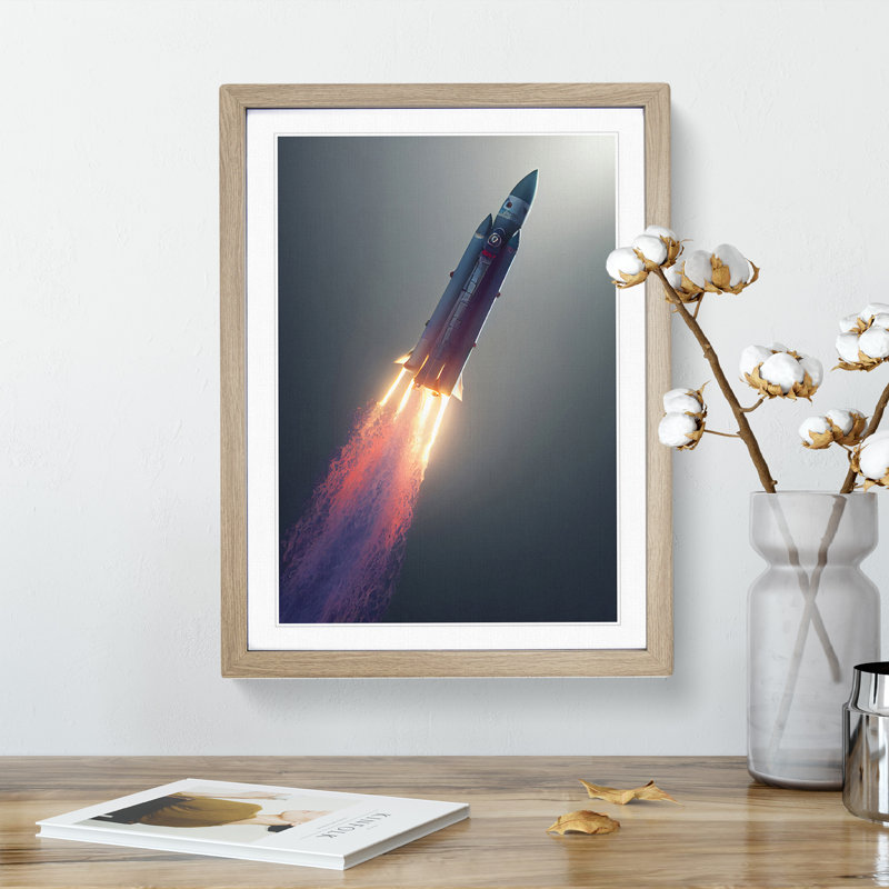 Ethereal Spaceship Rocket - Single Picture Frame Print, 34cm H x 25cm W x 2cm D, Oak