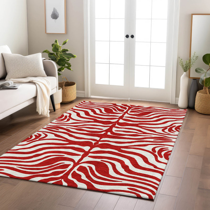Red and White Zebra Pattern Washable Synthetic Area Rug
