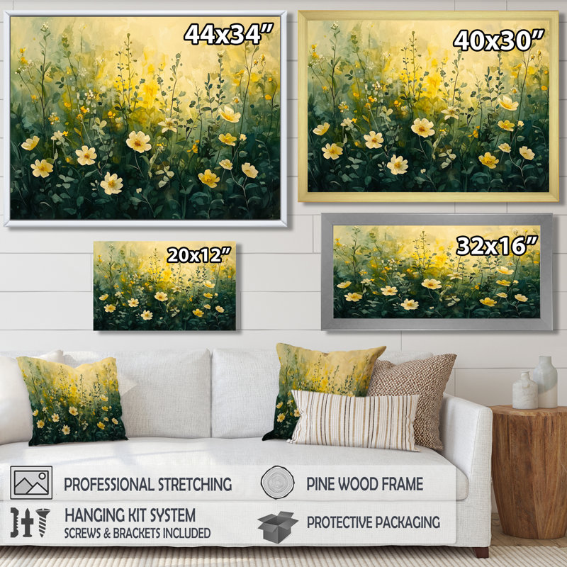 «Naadiya Golden Wildflowers Greenish Horizons IV», art mural fleurs sauvages, H 12 po x l 20 po, Blanc
