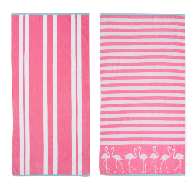 Serviettes de plage 100% jacquard 100% coton, Flamant rose / blanc et rayures
