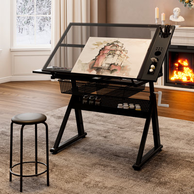 Table à dessin et d'impression en verre trempé réglable par manivelle avec rangement pour chaise, idéale pour le salon ou le bureau - Angle d'inclinaison de 0 à 70 degrés, hauteur de 75 à 96 cm, tablette coulissante pour crayons de 61 cm, structure en métal