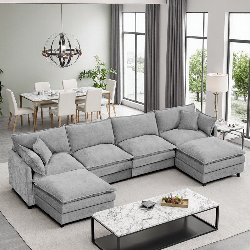 130.7" Chenille U-Sectional – Modular Cloud Seats, 2 Movable Ottomans, DIY U/L/Sleeper Layouts, Vacuum-Flat Packs, Gray