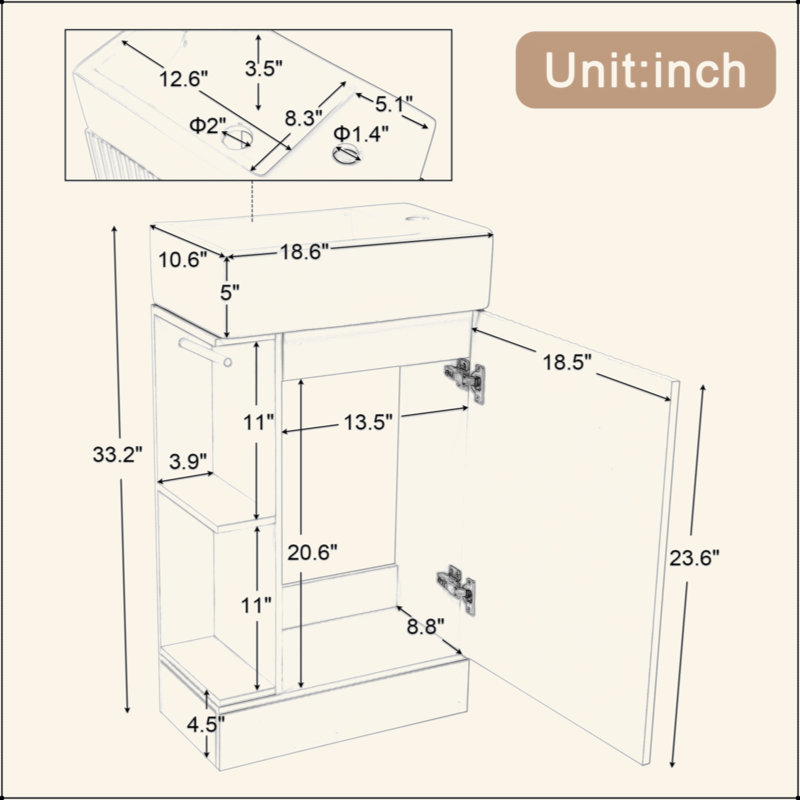 18.6" Bathroom Vanity With Sink, Bathroom Vanity Cabinet With Two-Tier Shelf, Left Or Right Orientation, Grey