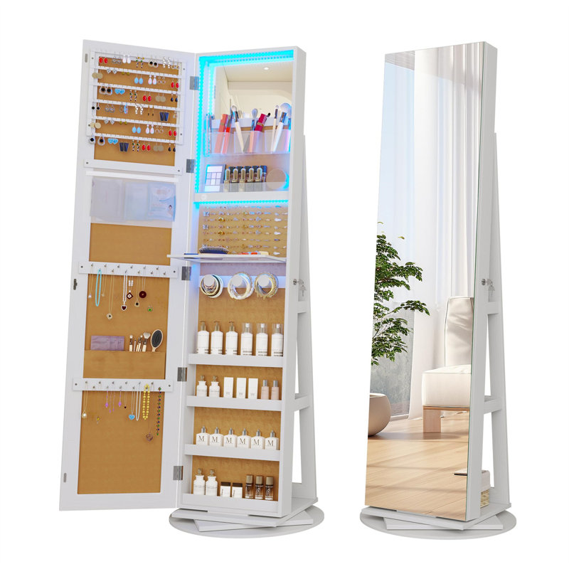 Modern Beige Yellow Triangular Jewellery Armoire With LED Lights, Full-Length Mirror, And 360° Swivel Base, Beige