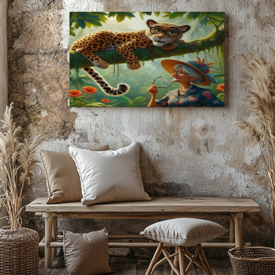 Léopard fantaisiste avec lunettes et femme dans le jardin, impression sur toile de style rétro pour le salon, la chambre à coucher, le bureau, le couloir, le vestibule, le mur de la galerie et la décoration intérieure moderne