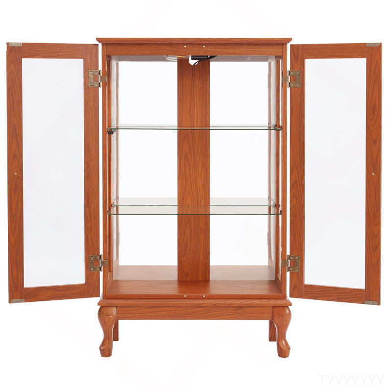 2 Doors Curio Cabinet With Tempered Glass Doors, Curio Cabinets With Mirrored Back Panel And Adjustable Shelves, Lighted Display Cabinet For Home, Office Light Bulb Included DARK OAK