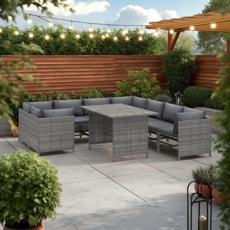 Ensemble de canapé modulaire d'extérieur 9 pièces Avio, table basse carrée, rotin gris
