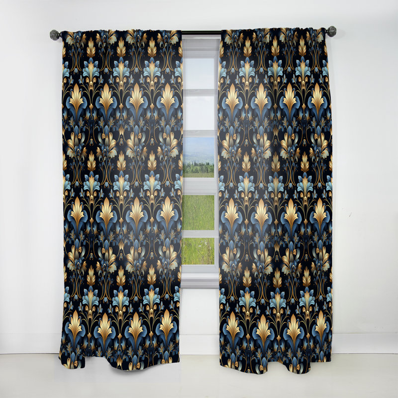 Motif damassé de luxe doré et bleu - Rideau Ikat - Rideau damassé obscurcissant - 1 panneaux, L 52 po x L 84 po