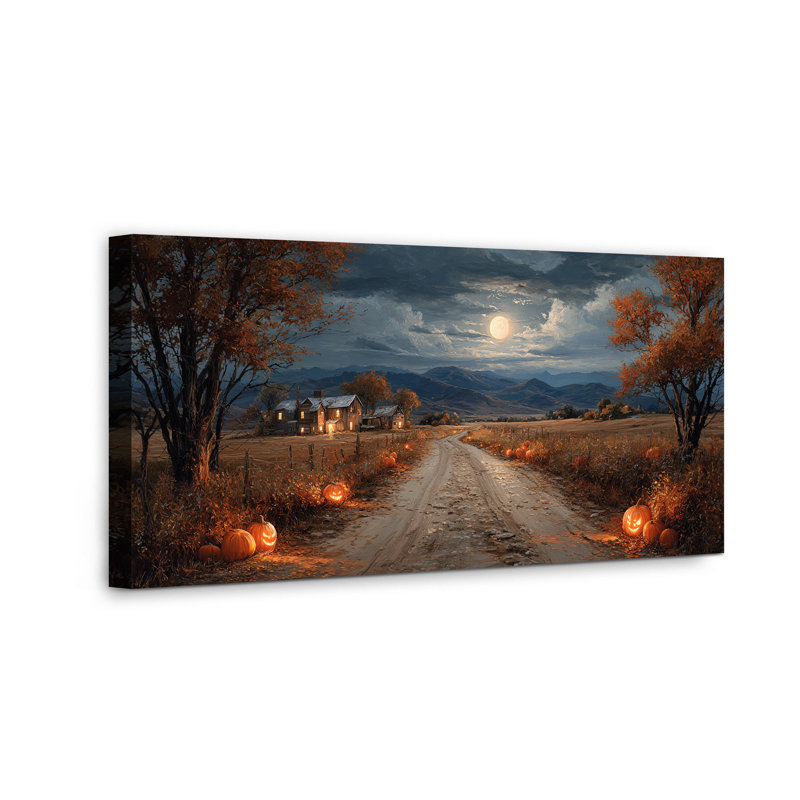 Décoration murale sur toile rustique en automne campagnard avec citrouille et pleine lune, 58" H x 28" W