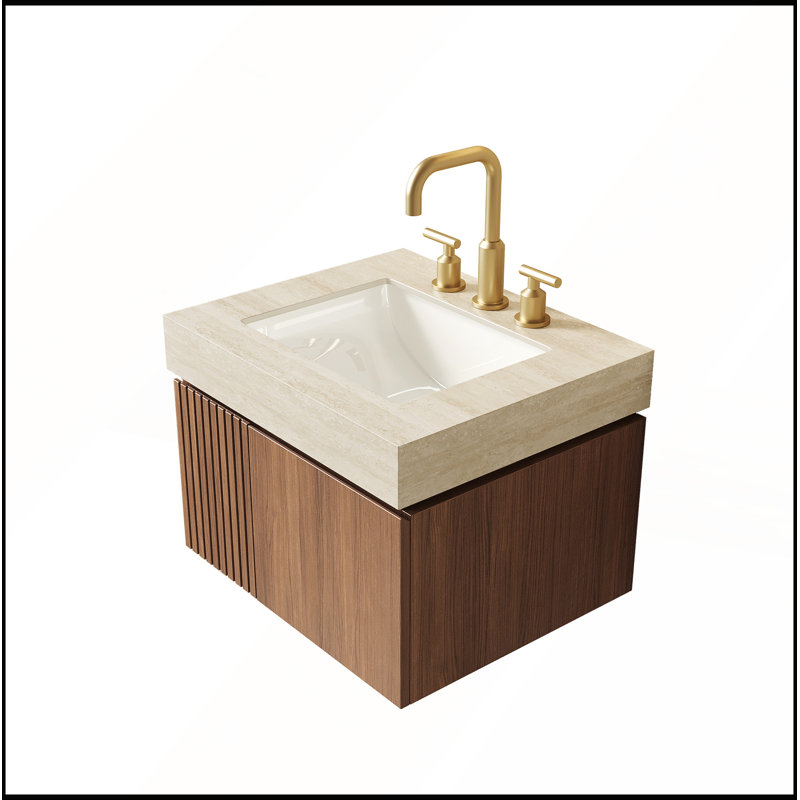 Armoire de rangement flottante en contreplaqué de salle de bain 24 po, plateau en pierre frittée Roma Traiter et lavabo en céramique pré-assemblé, grain de bois de chêne brun