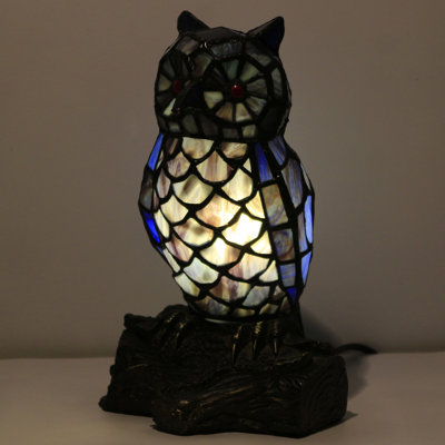 Small Tiffany Lamp Stained Glass Animal Table Lamp Mini Accent Desk Night Light (Blue Purple Owl)