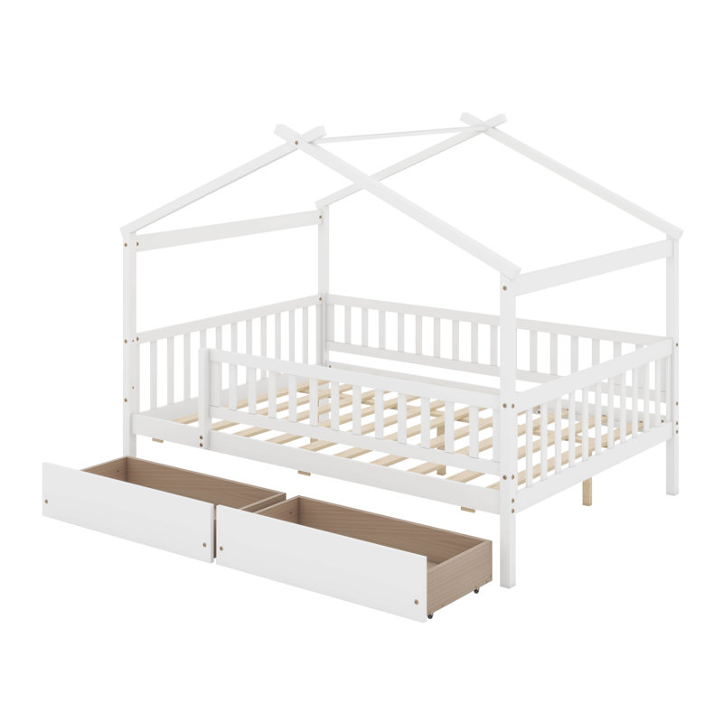 Full Size Wooden House Bed With Drawers, Blanc