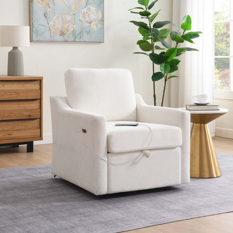 Fauteuil d'appoint pivotant en chenille douce avec charge USB + TYPE-C et pochette pour livres, Blanc