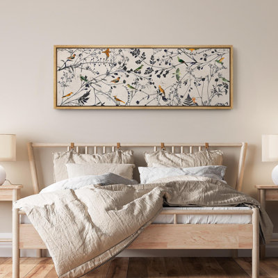 «Birds On Wildflower Plants Minimalist Modern Extra Large», reproduction d'art sur toile encadrée
