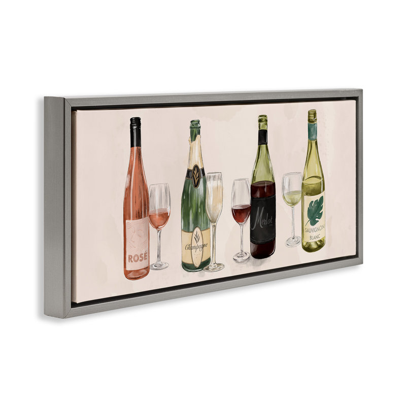 Diverses bouteilles de vin et de champagne, Cadre flottant gris lustré, H 11 po x l 25 po