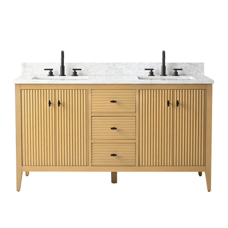 Ensemble de meuble-lavabo autoportant à double cuve 60 po avec plateau en marbre lavabo Lavallon, Chêne naturel linéaire