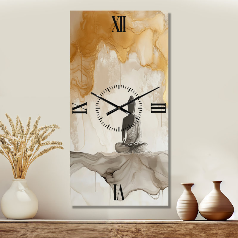 Bouddha en un seul souffle - Horloge murale décorative beige zen, 32" H x 16" W - Rectangle