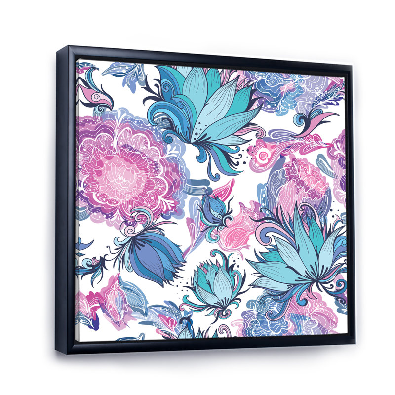 Fleurs romantiques élégantes en rose et bleu - Impression sur toile, H 16 po x l 16 po, Cadre flottant noir