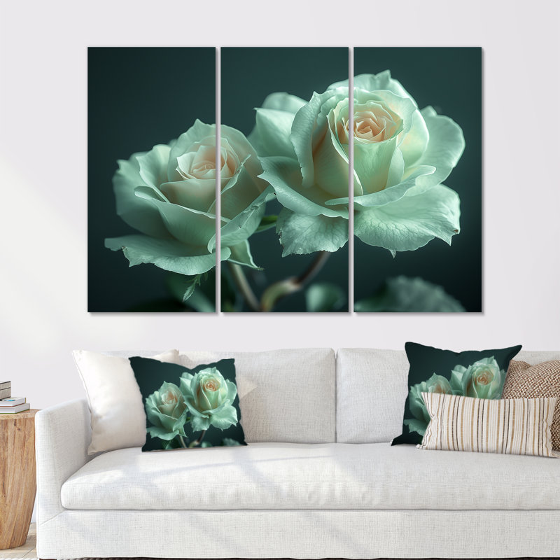 «White Green Mystical Garden Roses - Roses», ensemble de reproduction d'art mural, Métal métal, H 32 po x l 48 po x P 1 po
