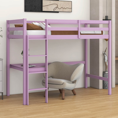 Twin Size High Loft Bed (Rubber Wood) – Safety Guardrail, Built-In Desk & Ladder