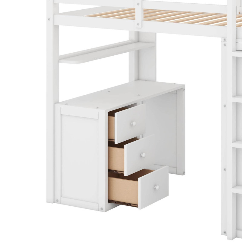 Lit mezzanine simple avec bureau, tiroirs et garde-robe, Blanc