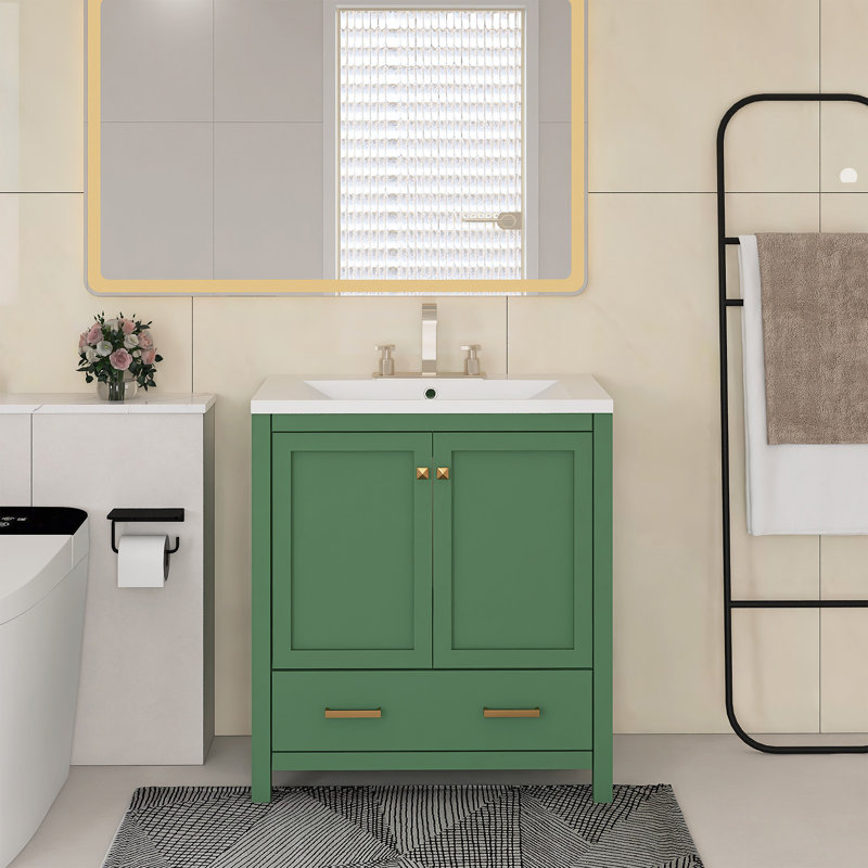 Meuble-lavabo autoportant de 30 po avec lavabo en céramique, Vert, Doré