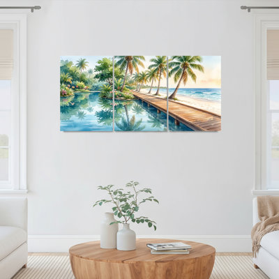 «Tropical Paradise», palmiers et quai en bois, reproduction d'art sur toile tendue sur toile, ensemble de 3