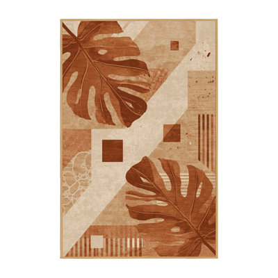 Tapis moelleux et moelleux à motif abstrait moderne et contemporain Brestewood Monstera brun - Reliure brun clair