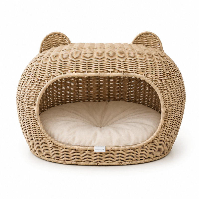 Maison de chat semi-fermée tissée à la main avec coussin, style igloo douillet pour chat et petits chiens