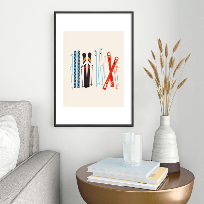 Showmemars Retro Ski Illustration, reproduction d'art encadrée, Encadrement métallique noir, H 19 po x l 13 po x P 0,88 po